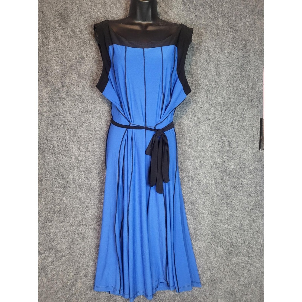 Vtg Blair Womens XL Maxi Dress Blue Sleeveless Black Trim Belted Elegant Long